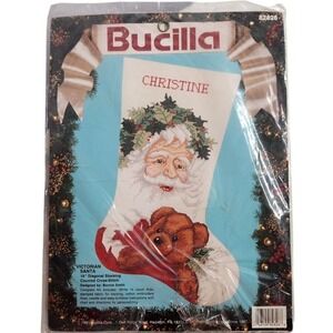 Bucilla Victorian Santa Teddy Bear Christmas Stocking Cross Stitch Kit 18" READ